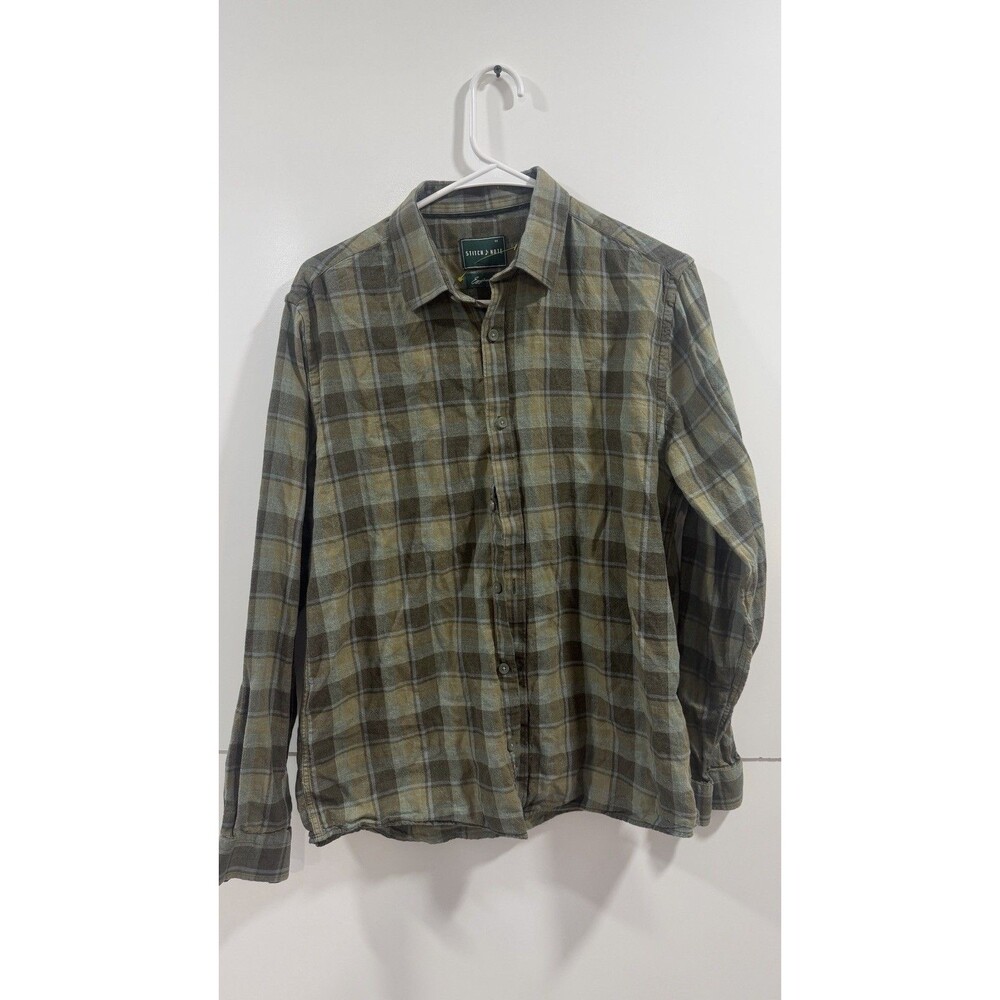 Stitch Note Men's Casual Green Plaid Flannel Shirt Size M Egyptian Cotton